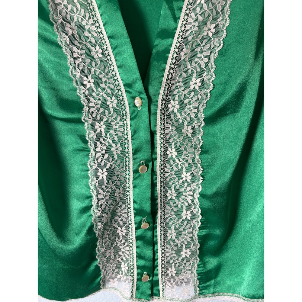 Lily of France VTG 70's Green Satin Lace Trim Top Petite Made in USA Coquette - Picture 2 of 6